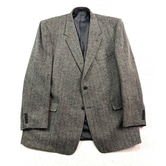 vtg Black White Tweed Herringbone Blazer 50L Jacket Sport Suit Coat 100% Wool